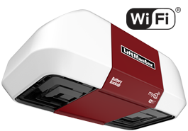 LiftMaster garage door opener with Wi-Fi and battery backup. White and red housing, with a Wi-Fi logo.