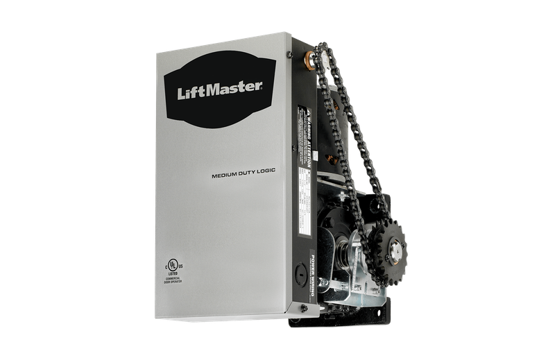Silver LiftMaster garage door opener with chain drive.