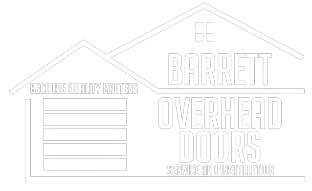 Barrett Overhead Doors logo, white outline: a house shape with garage door and text.
