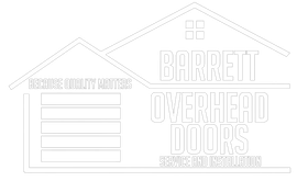 Barrett Overhead Doors logo, white outline: a house shape with garage door and text.