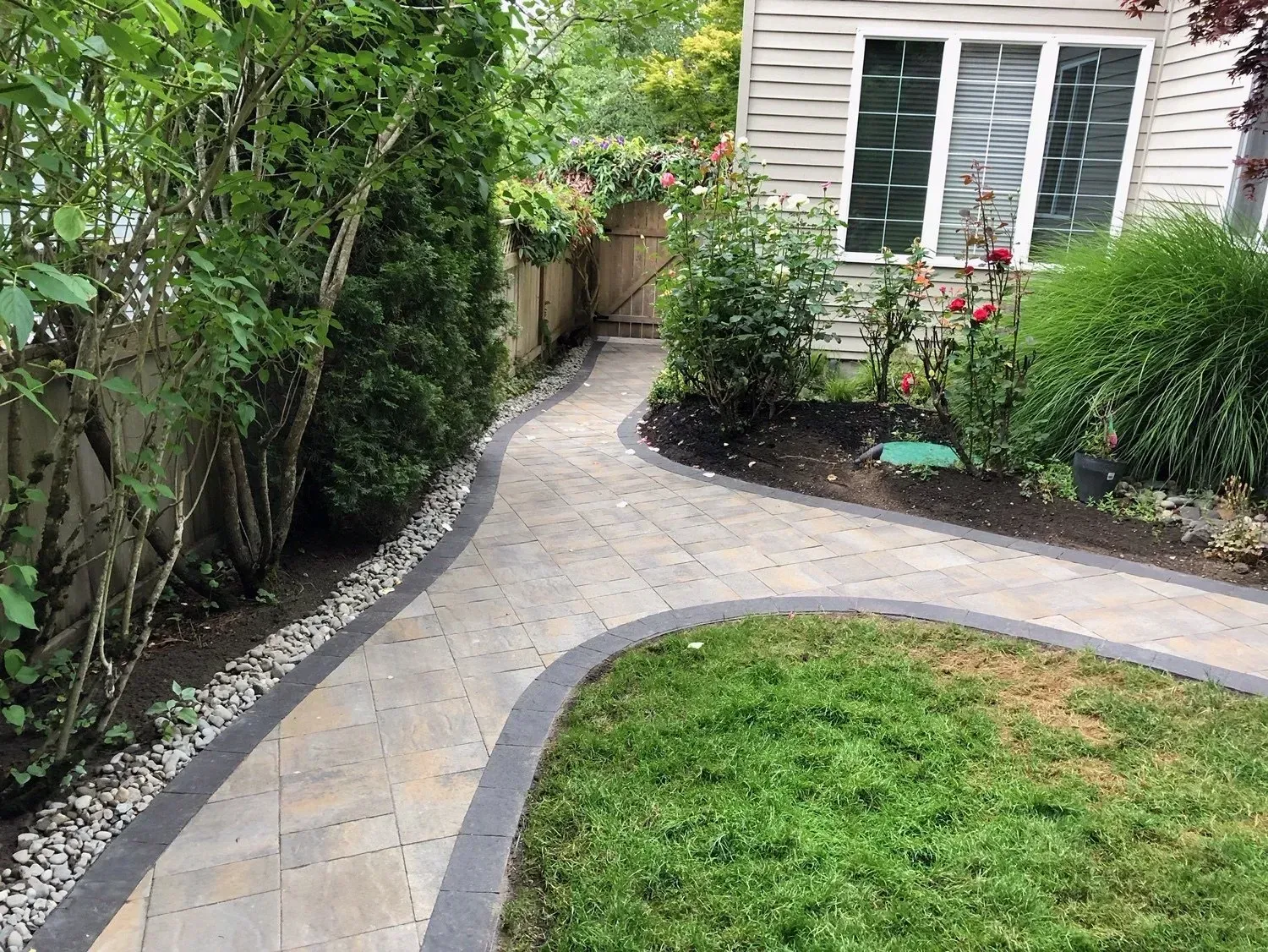 Stone pathway curves through a landscaped yard, alongside shrubs, grass, and a house.