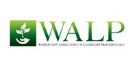 Logo for the Washington Association of Landscape Professionals, featuring a hand cupping a plant inside a green square, with