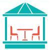 Teal gazebo with red table and chairs.