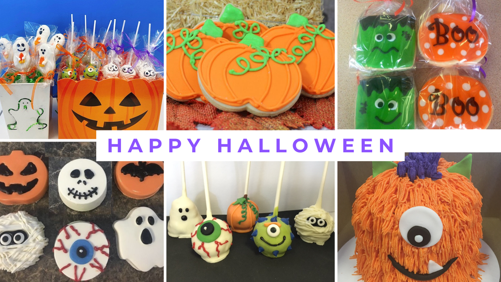 Halloween craft collage of decorated pumpkins and spooky faces with “HAPPY HALLOWEEN” text