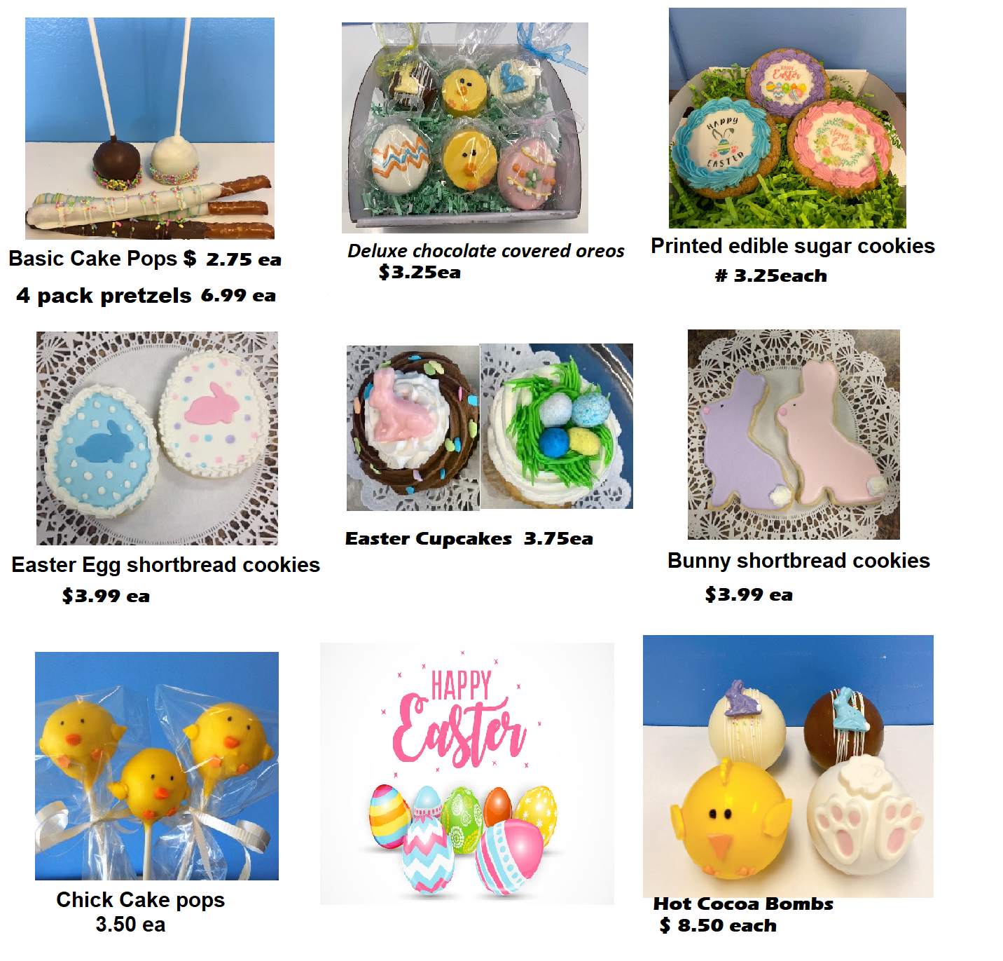 A catalog of Easter-themed treats, including cake pops, decorated cookies, cupcakes, and hot cocoa bombs with prices.
