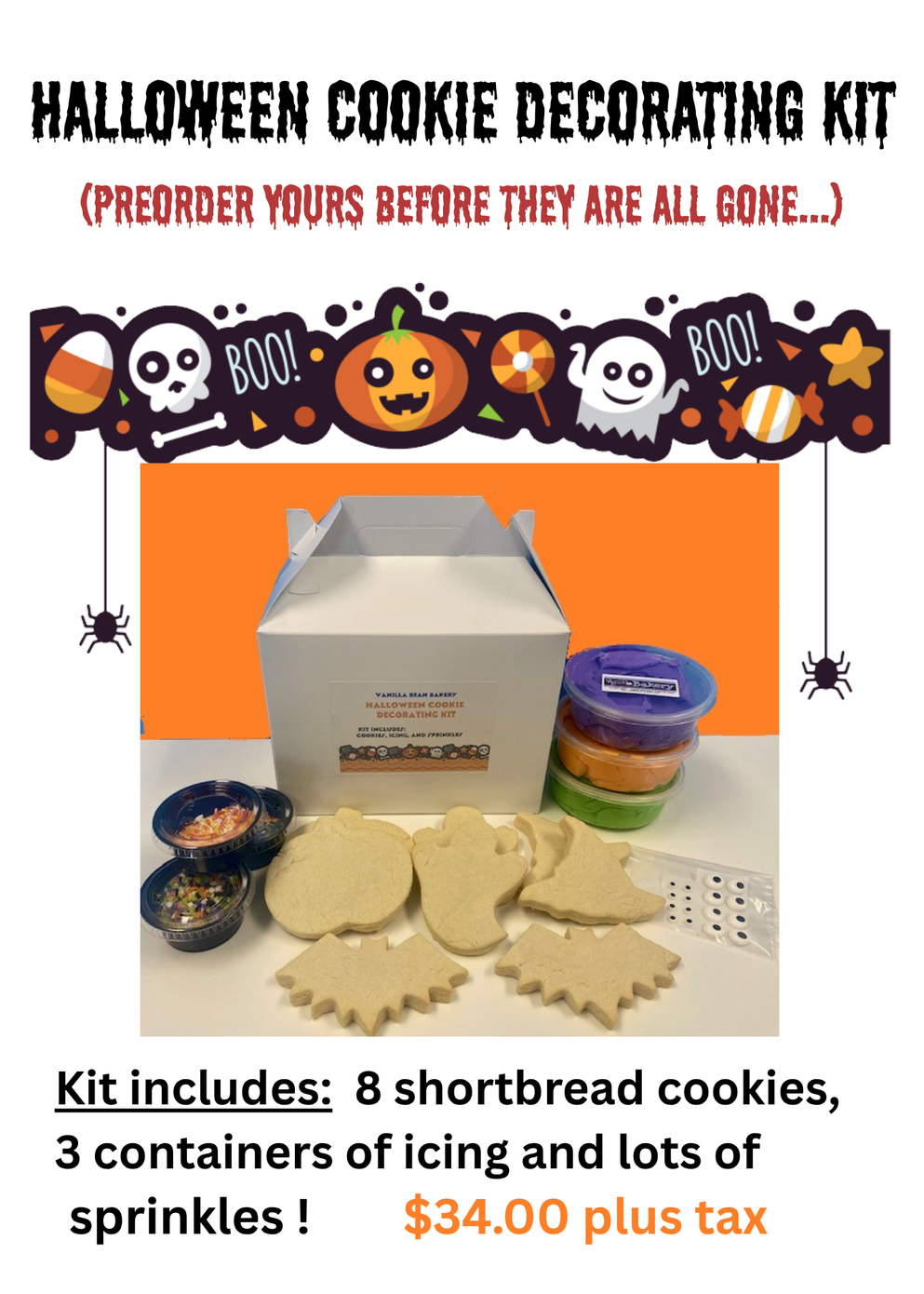 Halloween cookie decorating kit with shortbread cookies, icing containers, and sprinkles on an orange background