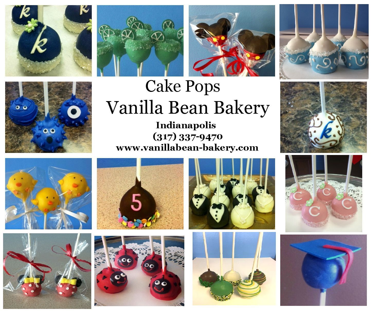 Cake pops from Vanilla Bean Bakery: various decorated pops, including letter 