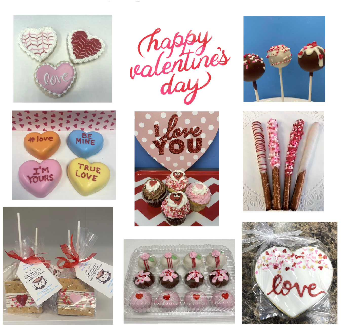 Valentine's Day treats: heart-shaped cookies, cake pops, cupcakes, pretzels, and brownies, all decorated for the holiday.