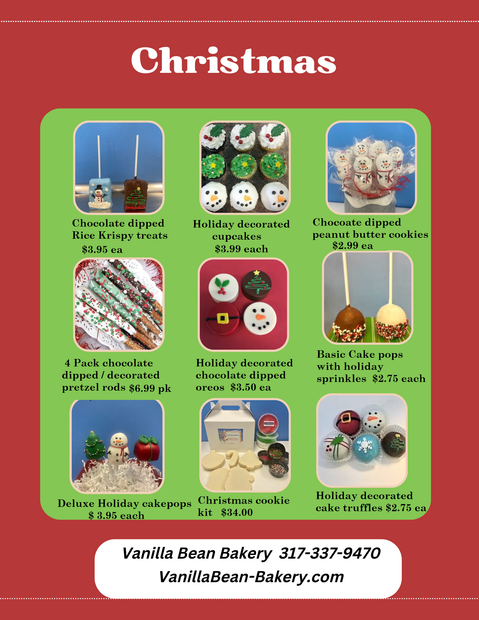 Christmas treats menu from Vanilla Bean Bakery; chocolate dipped pretzels, cupcakes, cake pops, and more.