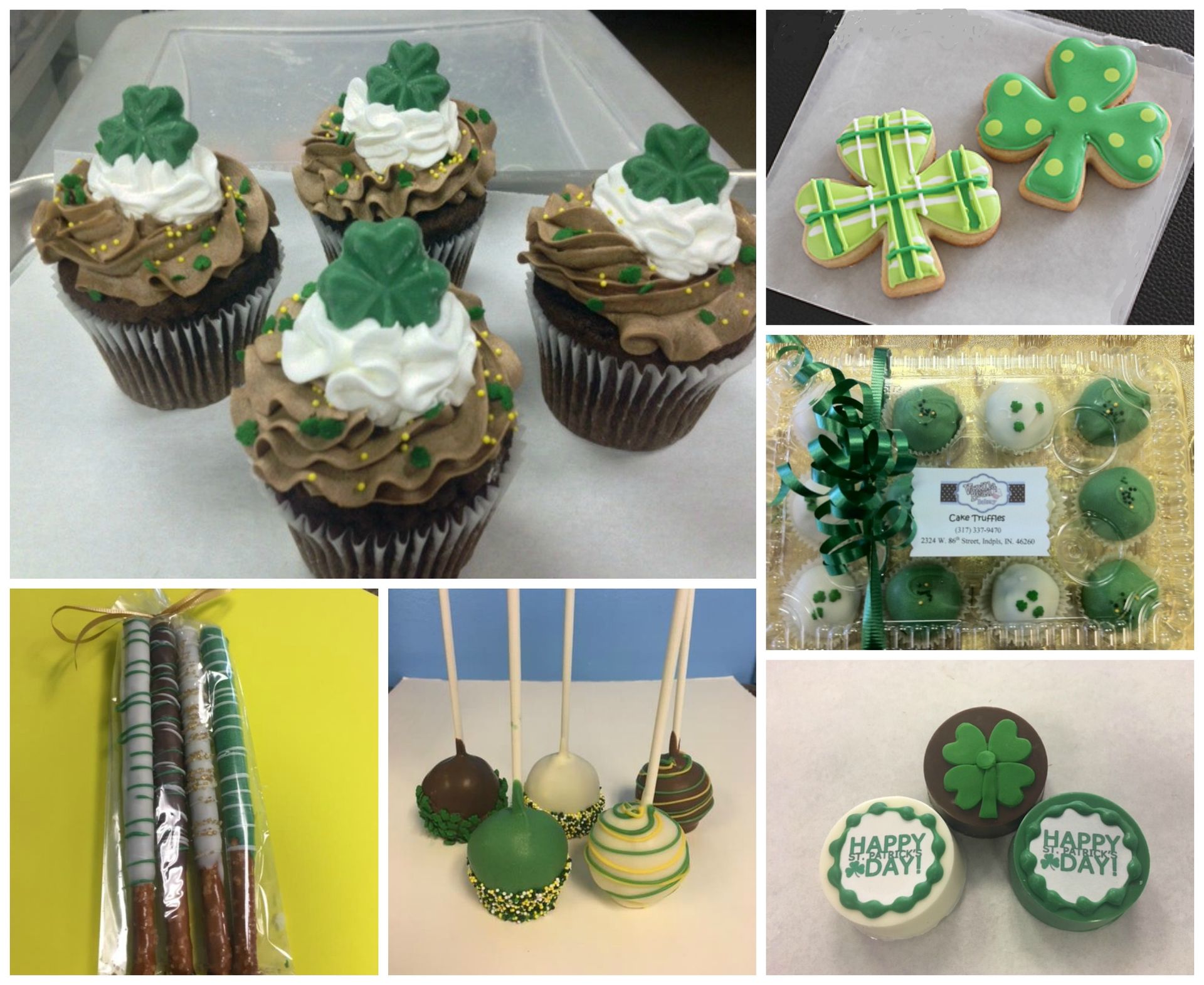 St. Patrick's Day treats: cupcakes, cookies, cake pops, pretzels, and chocolate-covered Oreos, all green and festive.