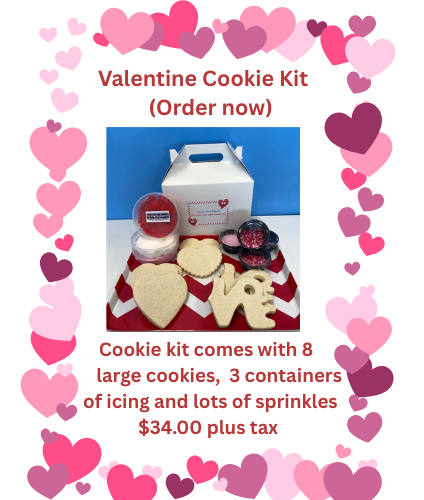 Valentine cookie kit with cookies, icing, sprinkles, and a white box for $34 plus tax.