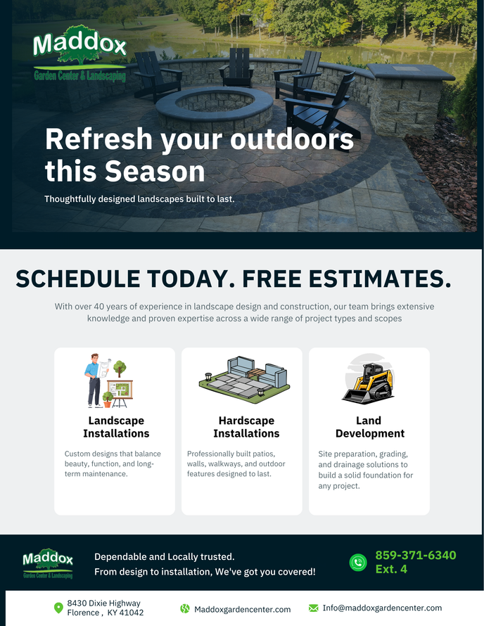 Ad for Maddox landscaping services, shows outdoor patio and fire pit. Offers free estimates.