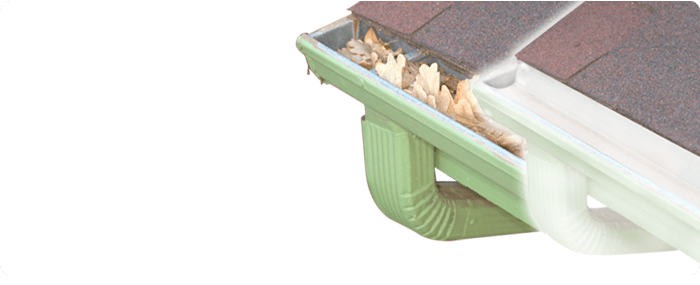 Before and after photo of a cleaned gutter