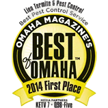 Gold-and-black “Best of Omaha 2014 First Place” award seal for Pest Control Magazine