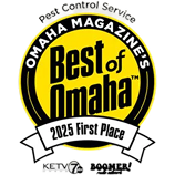 Omaha Magazine “Best of Omaha” 2025 First Place badge with Pest Control Service text and logos