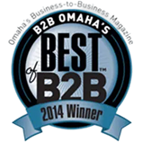 B2B Omaha Best B2B 2014 Winner badge in black, silver, and blue