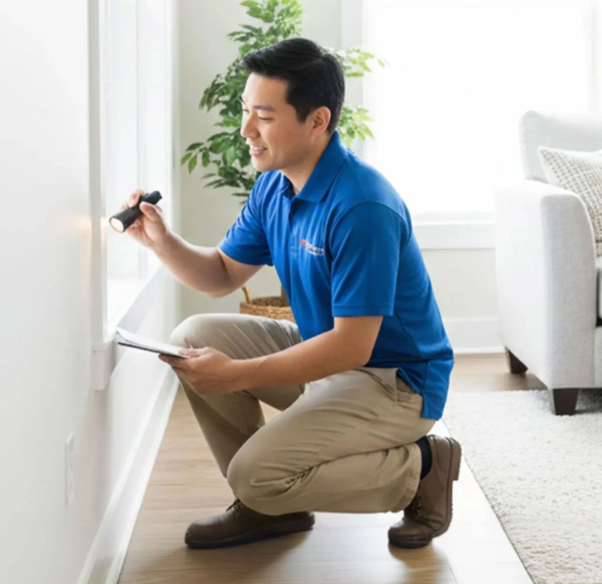 Man in blue polo kneeling and inspecting a wall with a flashlight while holding a tablet.