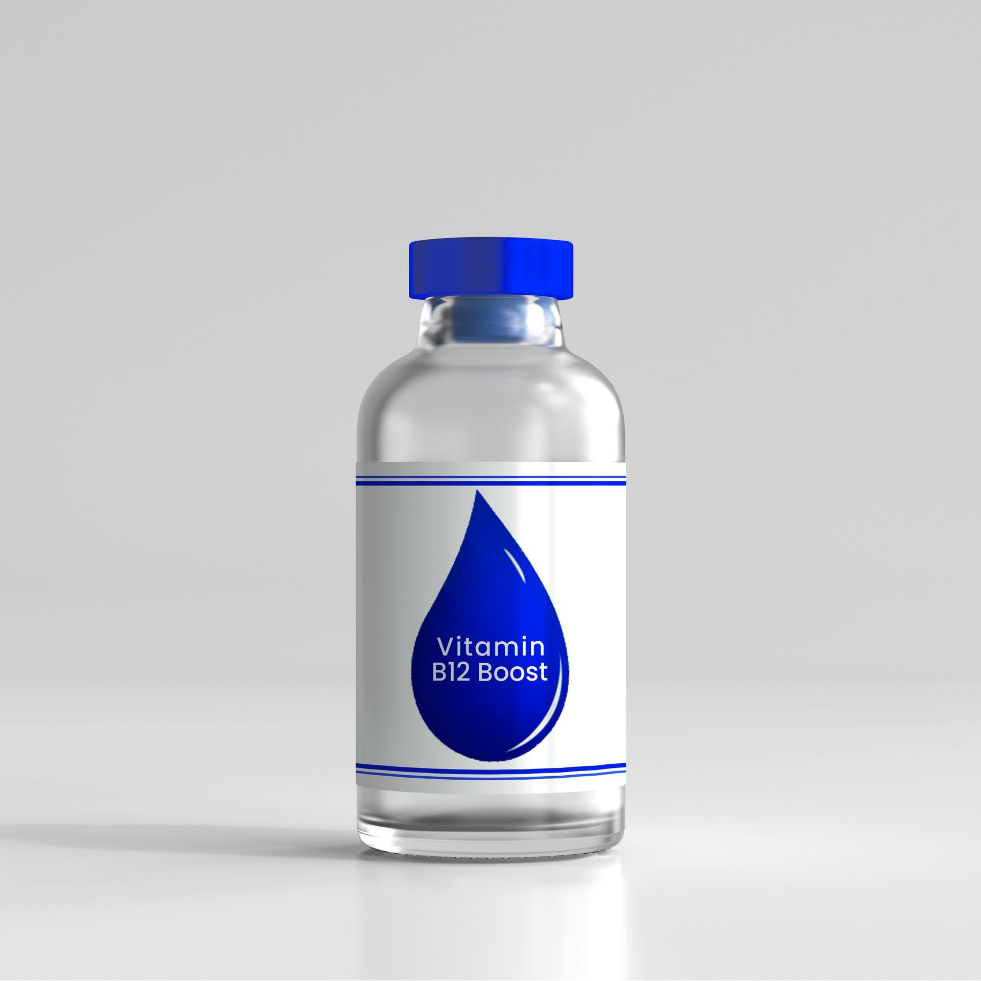 A small, clear glass vial with a blue cap and label that says