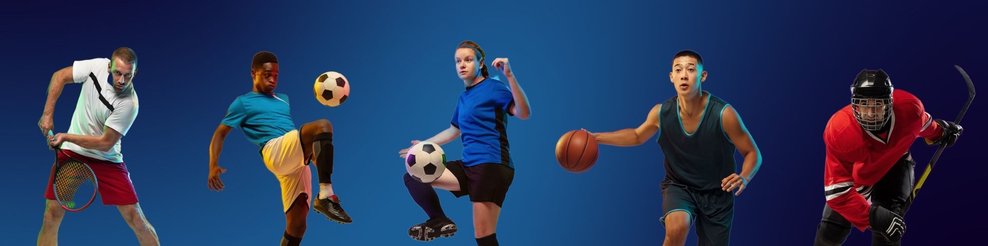 Athletes in various sports (tennis, soccer, basketball, and hockey) on a blue background, each in action with their respective equipment.