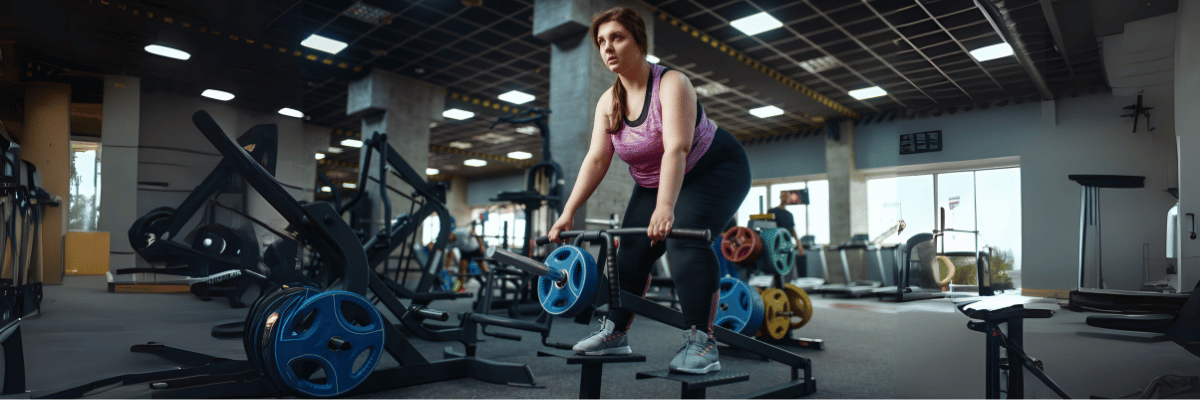 Woman in a gym lifting a barbell with blue weights. She wears workout clothes and is focused on the exercise.