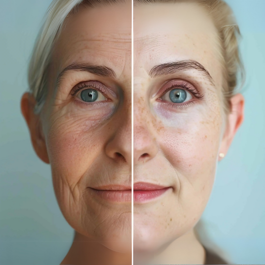 A woman's face split vertically, showing the left side aged with wrinkles, the right side looking younger.