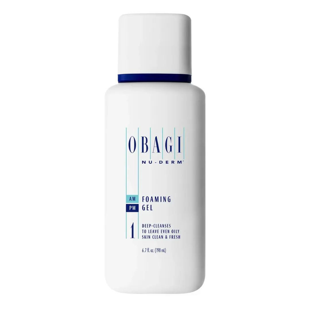 A bottle of obagi foaming gel on a white background