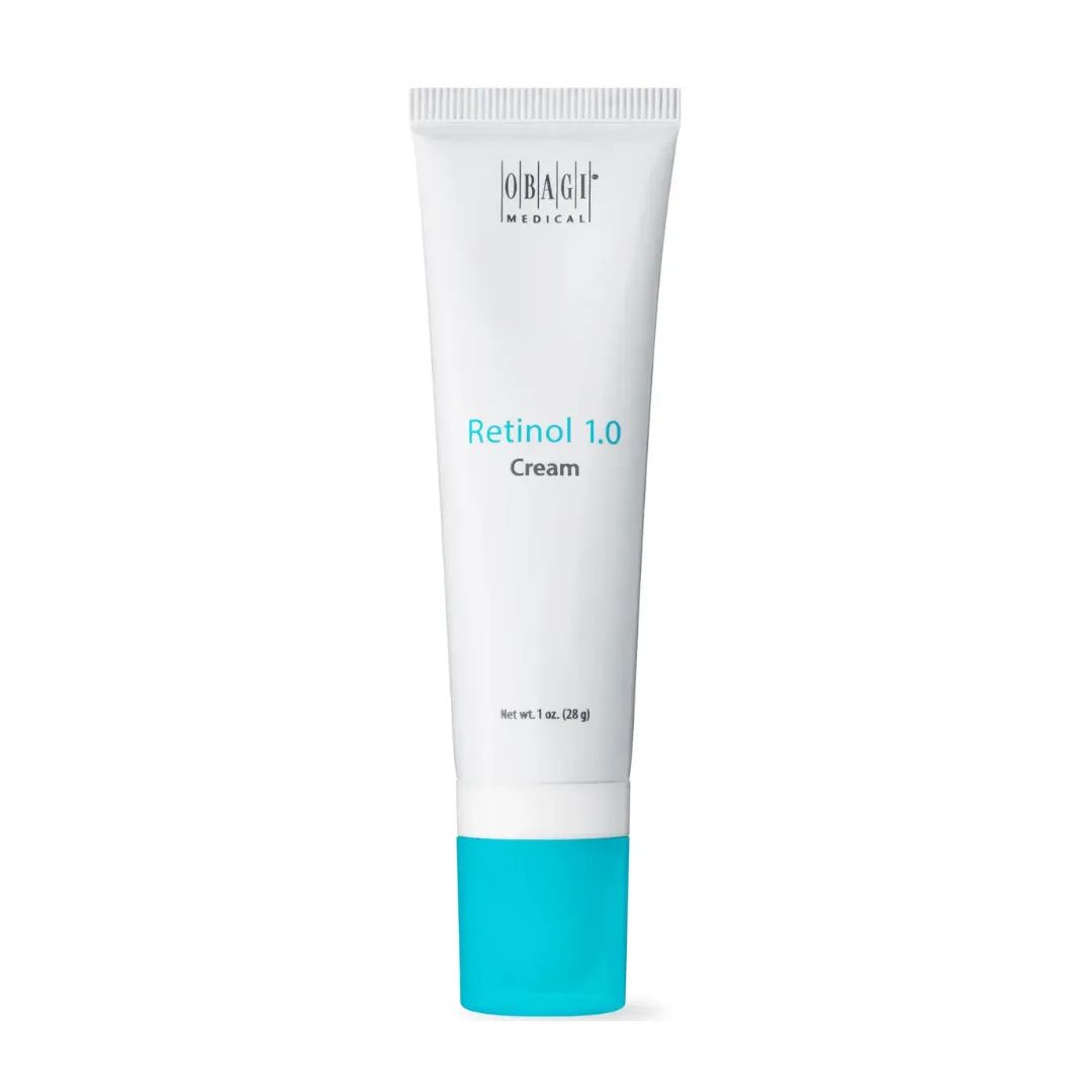 A tube of obagi retinol 1.0 cream on a white background.