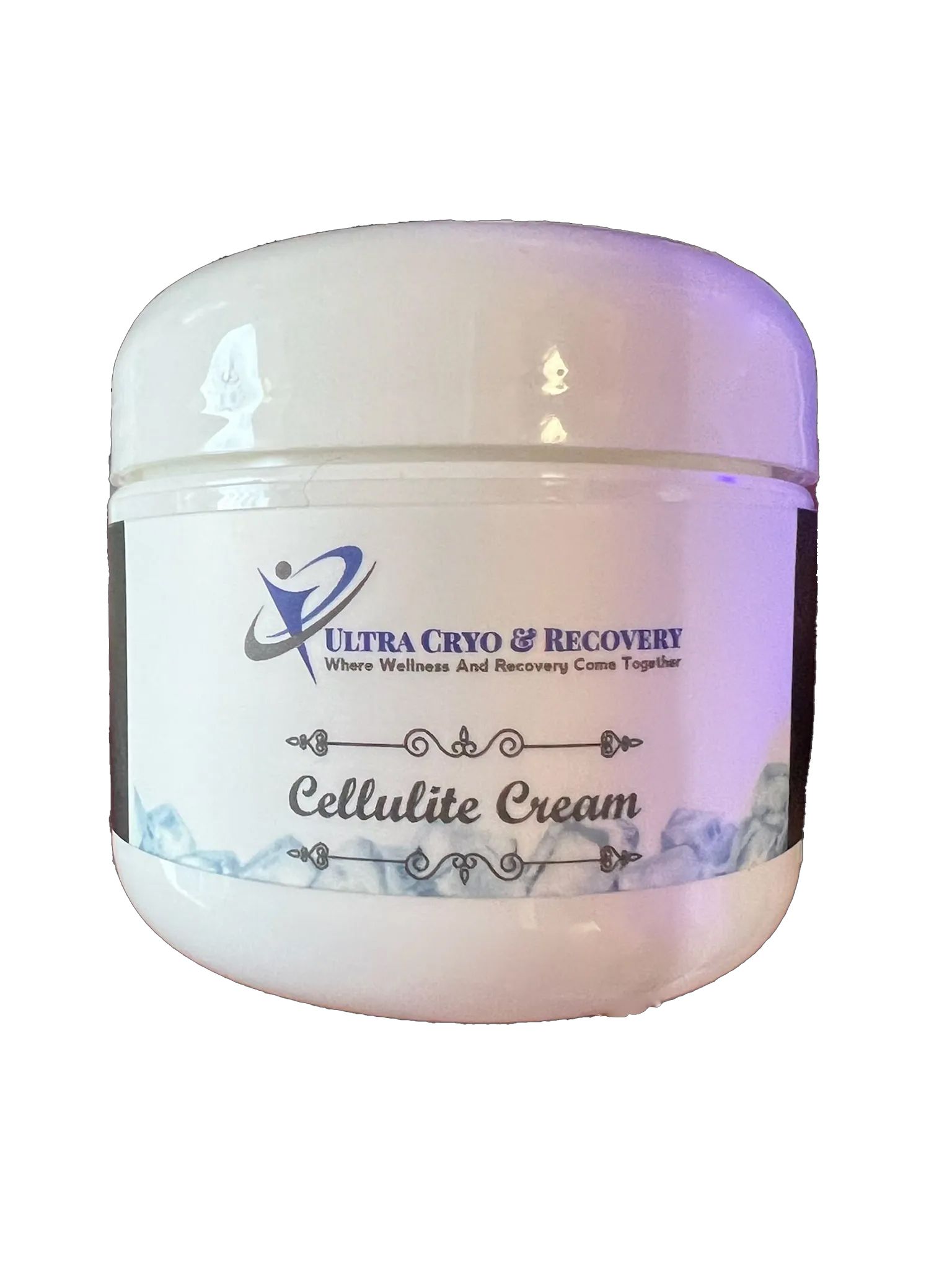A white jar of cellulite cream on a white background.