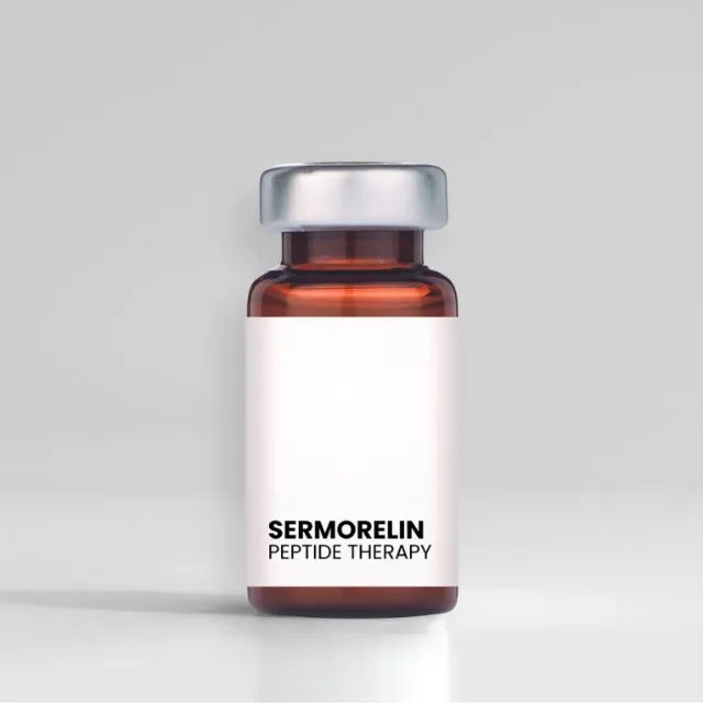 A bottle of sermorelin peptide therapy is sitting on a table.