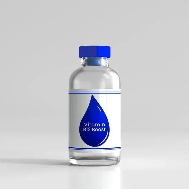 A bottle of vitamin b12 boost on a white surface