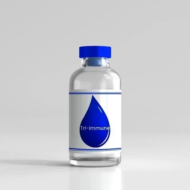 A bottle of tri-immune with a blue drop on the label