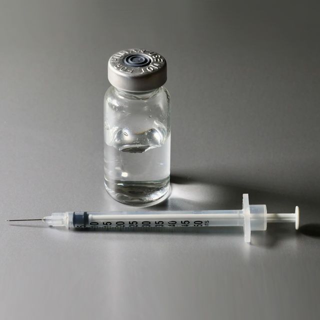 A syringe next to a bottle of liquid on a table