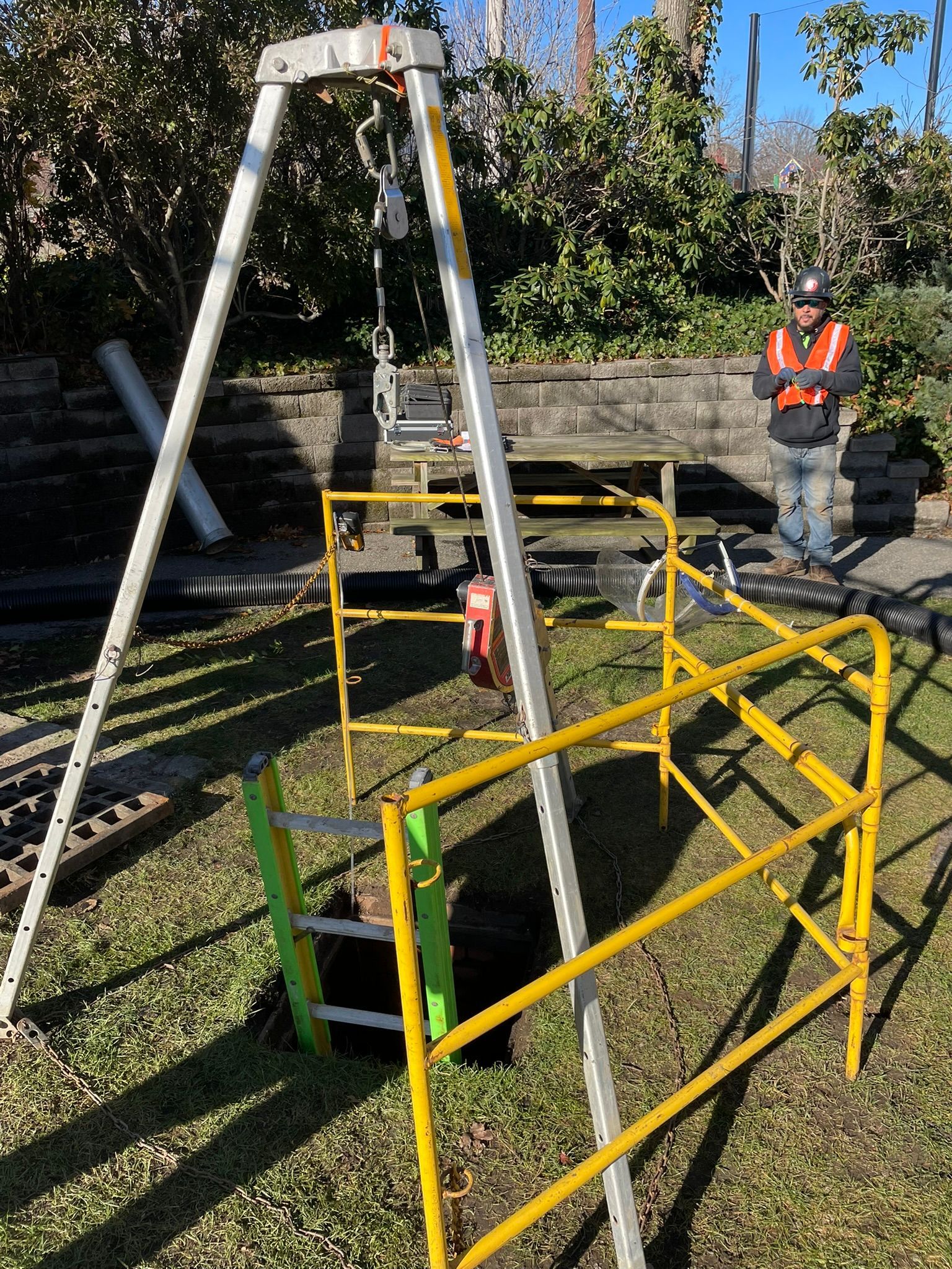 A man is standing next to a ladder in the grass.