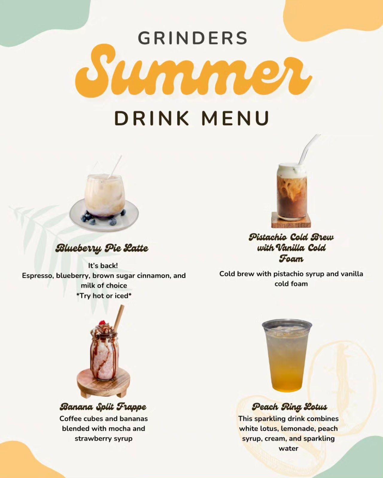 A summer drink menu for grinders with a variety of drinks.