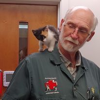A woman is holding a white puppy in her arms in a veterinary office