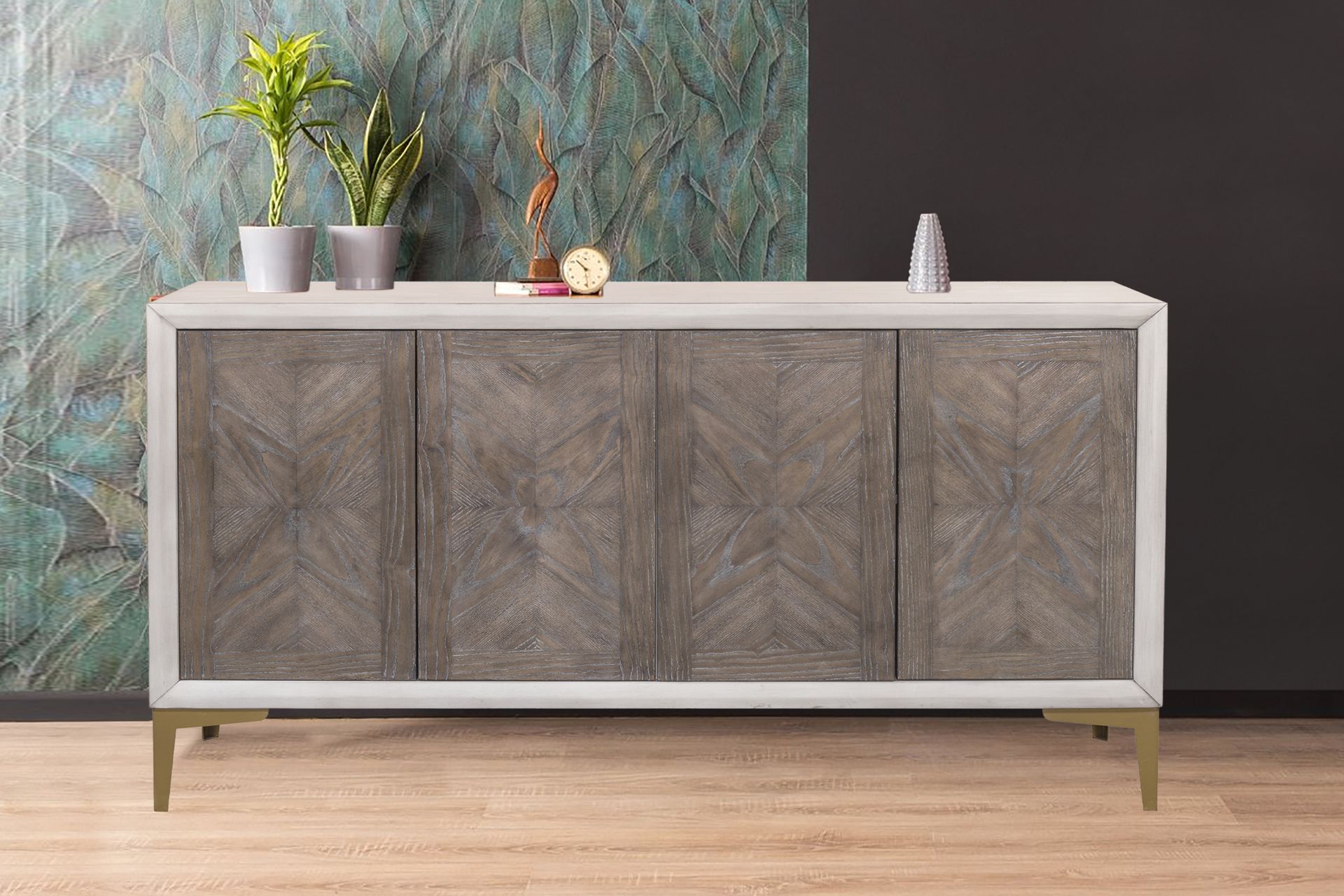 A gray and white sideboard with a clock on top of it in a living room.