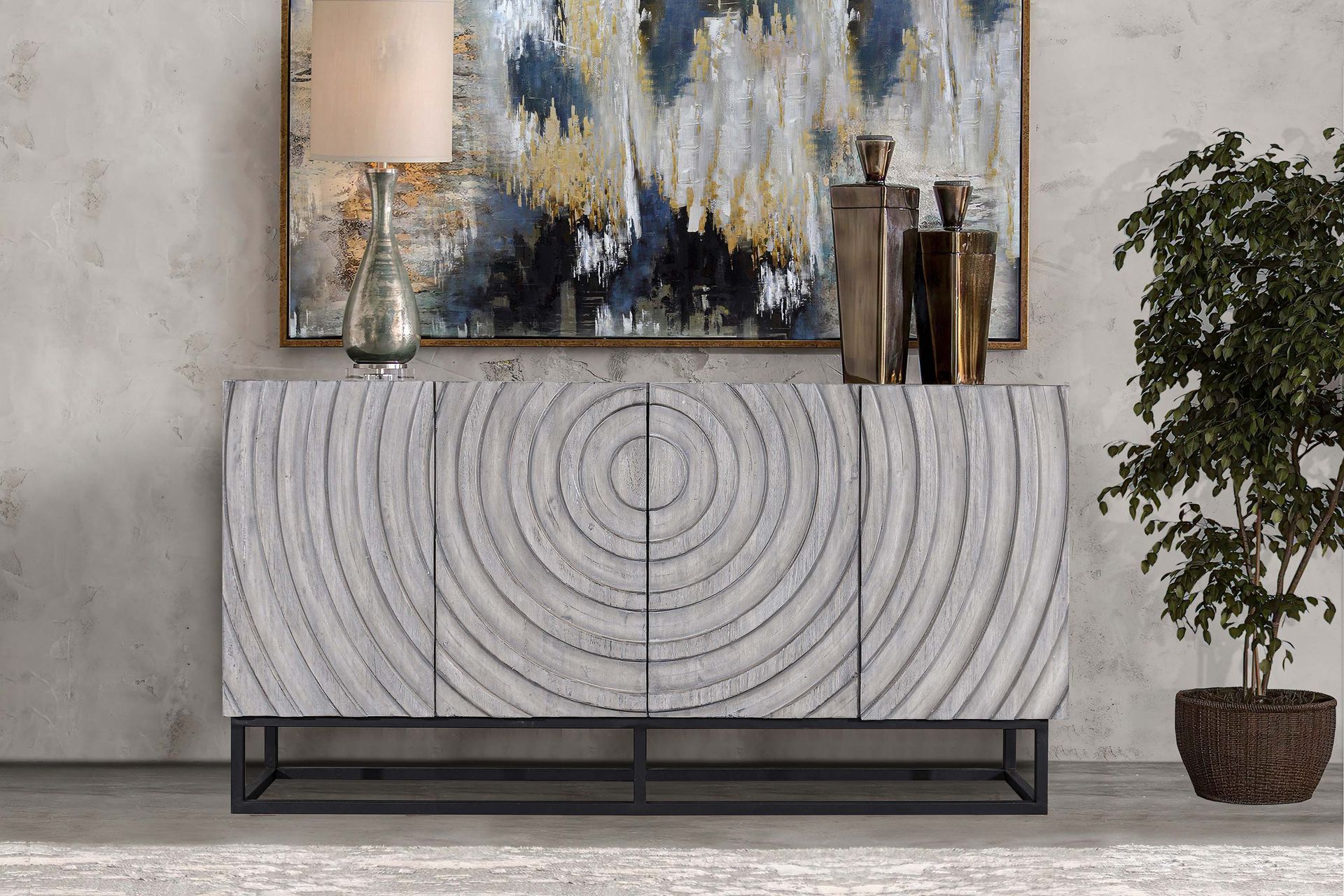 There is a painting on the wall above the dresser.