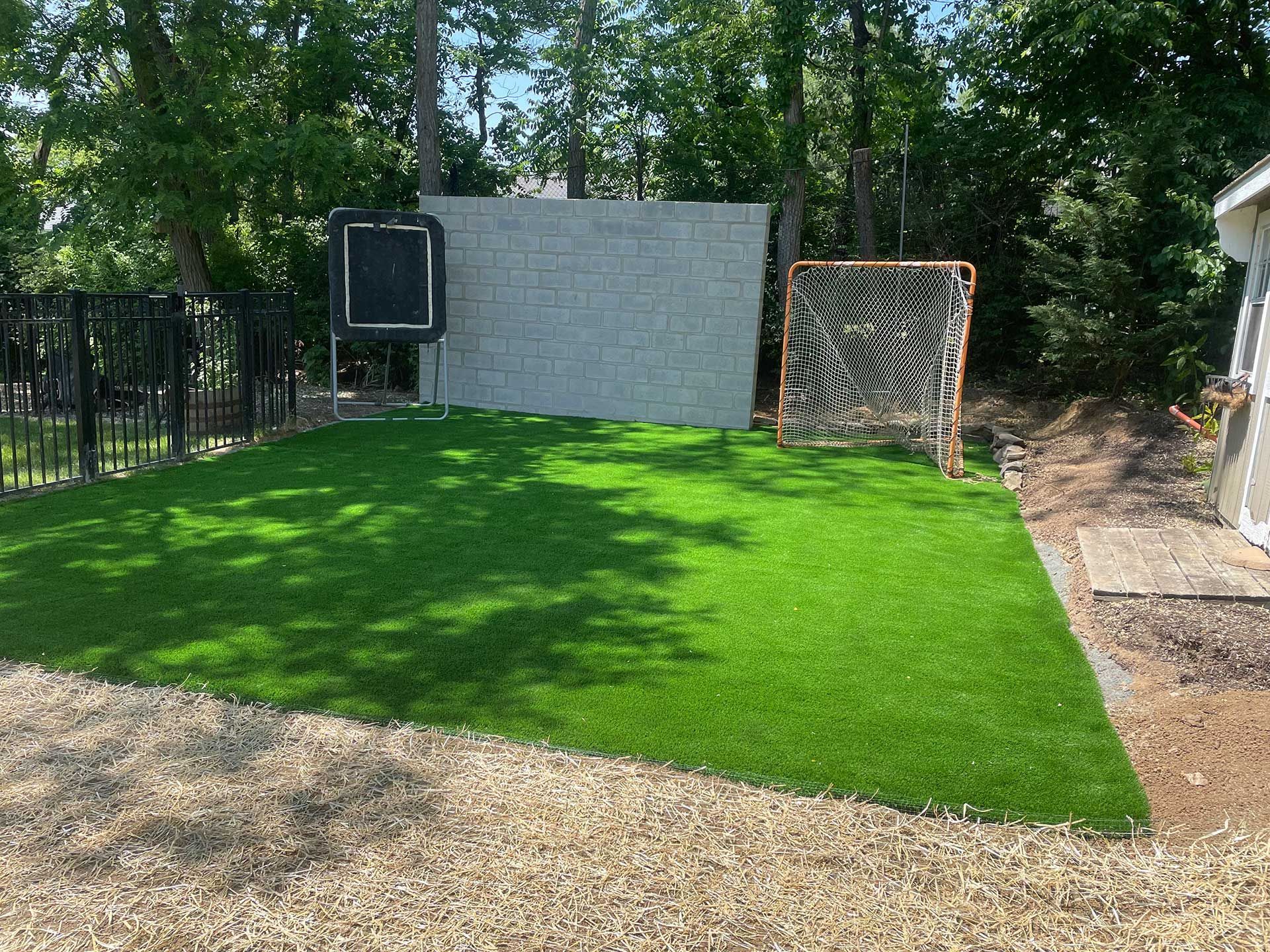 A backyard with a lacrosse goal on artificial grass
