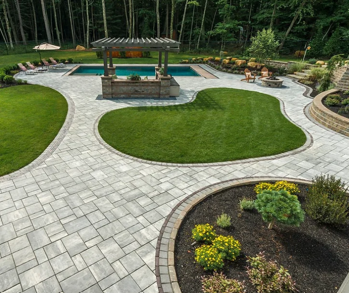 beautiful patio with pool and garden