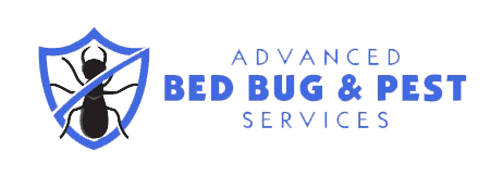 a logo for advanced bed bug and pest services with an ant on a shield .