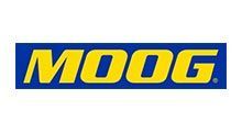 Logo for MOOG, a yellow wordmark on a blue rectangular background.