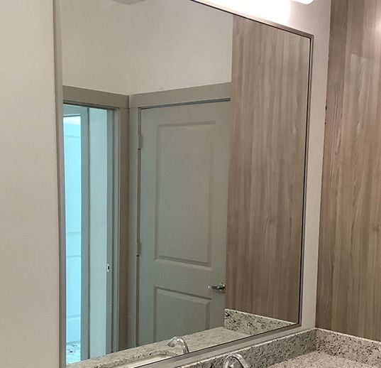 Bathroom mirror over a countertop, reflecting a door, shower, and sink. Wooden paneling on right.