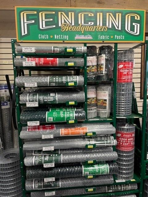 A display of fencing products in a store.