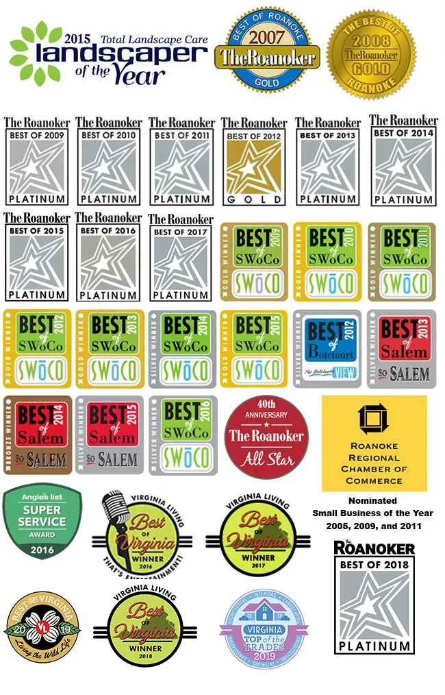 Collage of award badges, “Landscaper of the Year,” gold seals, and “Best of” logos on white background