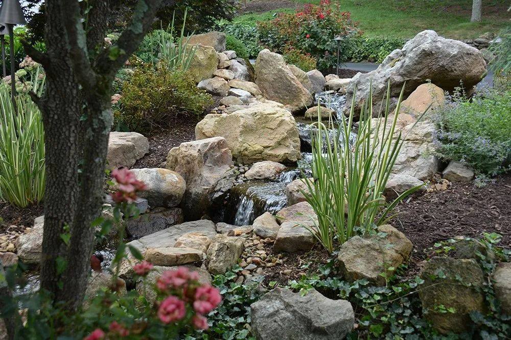 Rock garden with small waterfall, mossy stones, and pink flowers in a leafy yard