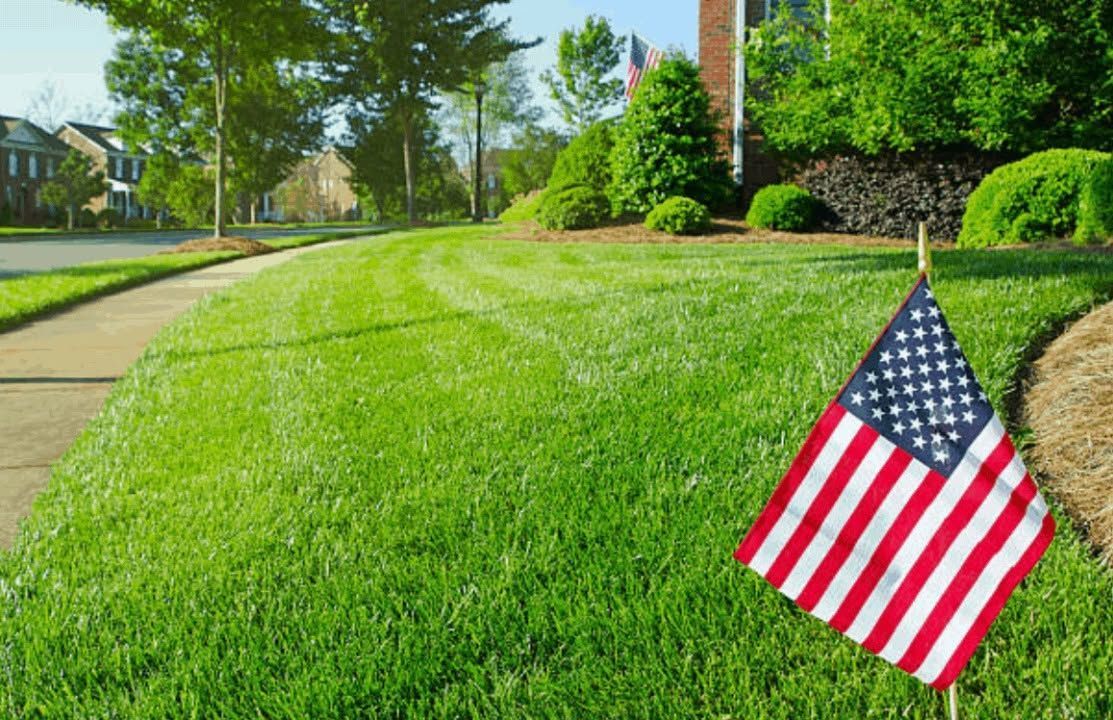 Small American flag staked in a green suburban lawn on a sunny day