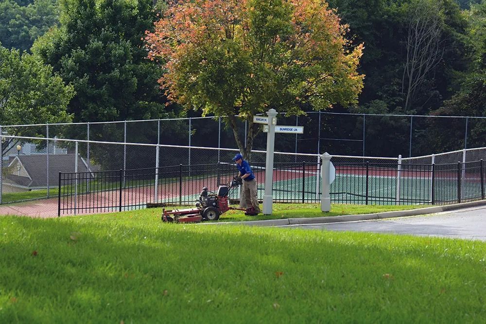 Person mowing grass near a tree and fenced tennis courts on a sunny day