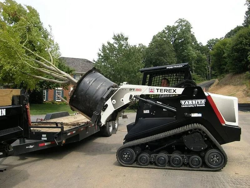 Mini skid steer loader lifting a black bucket on a trailer in a driveway, with trees and houses nearby