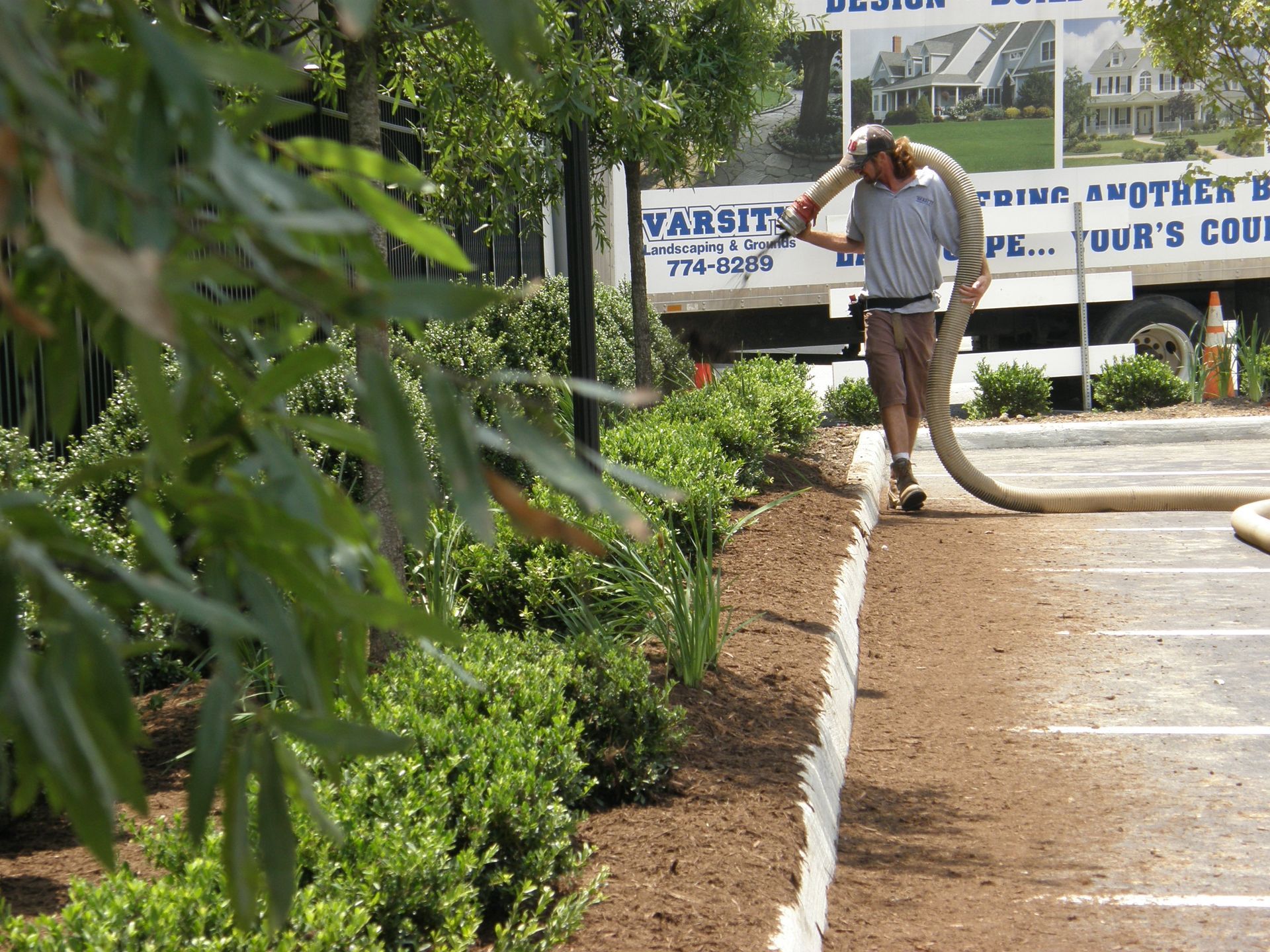 Person walking along a garden path beside hedges and trees near a building with signs.