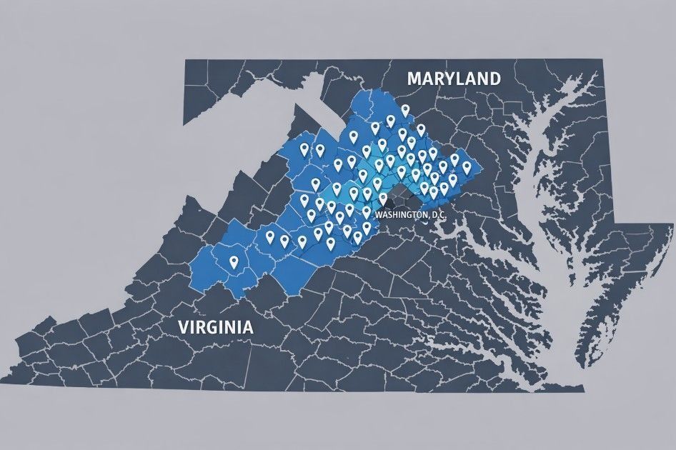 A map of Maryland and Virginia, with a central blue shaded region containing numerous location pins near Washington, D.C.